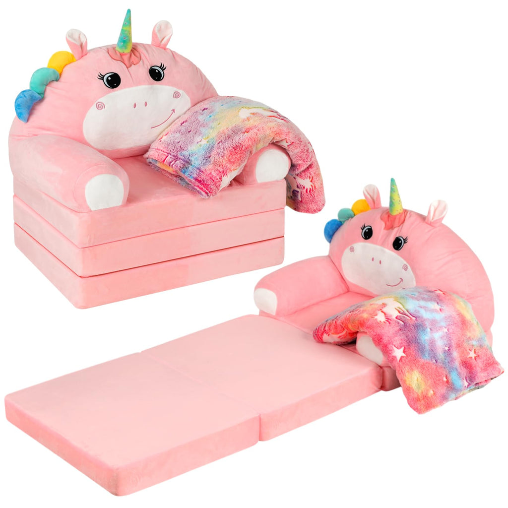2-in-1 Fold Out Kids Sofa with Flannel Blanket C41494