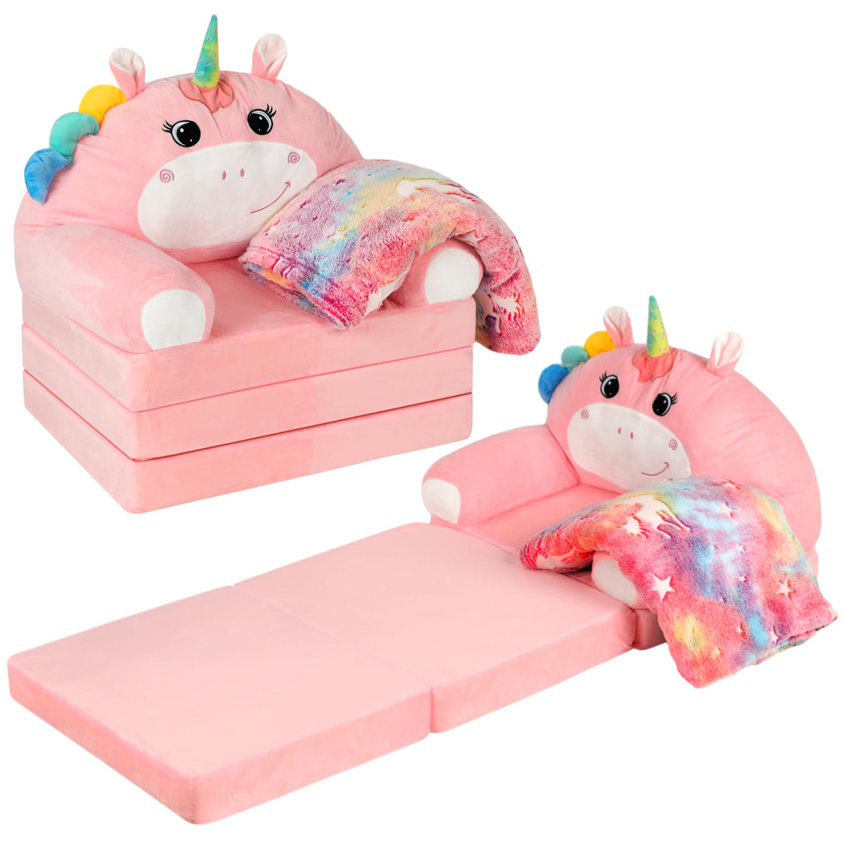 2-in-1 Fold Out Kids Sofa with Flannel Blanket C41494