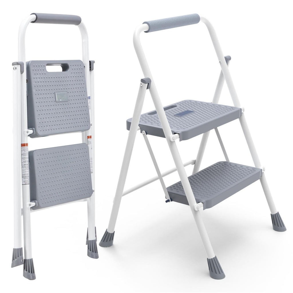 2 Step Ladder with Anti-Slip Pedal and Handrail, 800lbs, Grey V1418