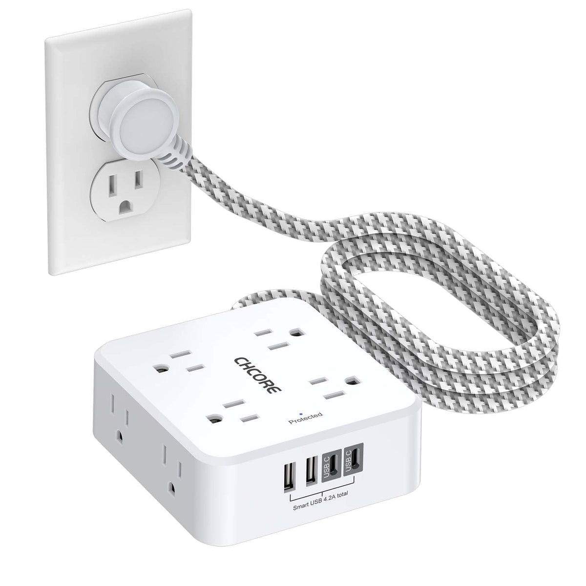 5Ft Braided Extension Cord Power Strip with 8 Outlets and 4 USB Ports, White L349241