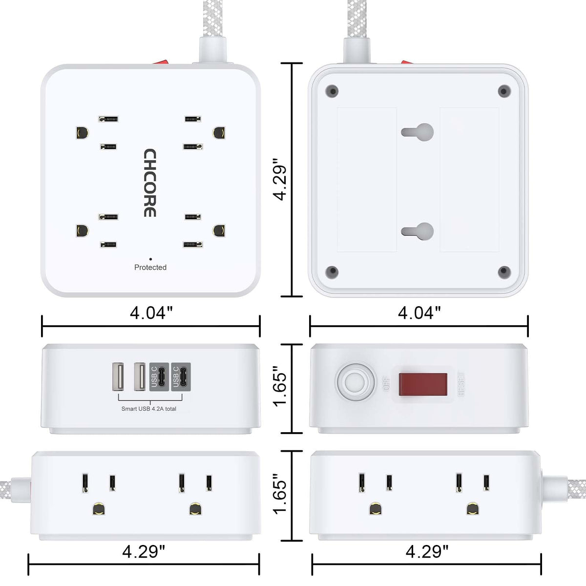 5Ft Braided Extension Cord Power Strip with 8 Outlets and 4 USB Ports, White L349241