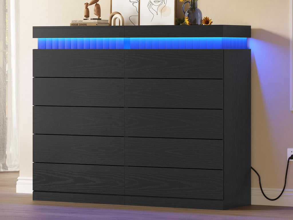 Black 6 Drawer Wood Dresser with LED Light and Power Outlet Z18009