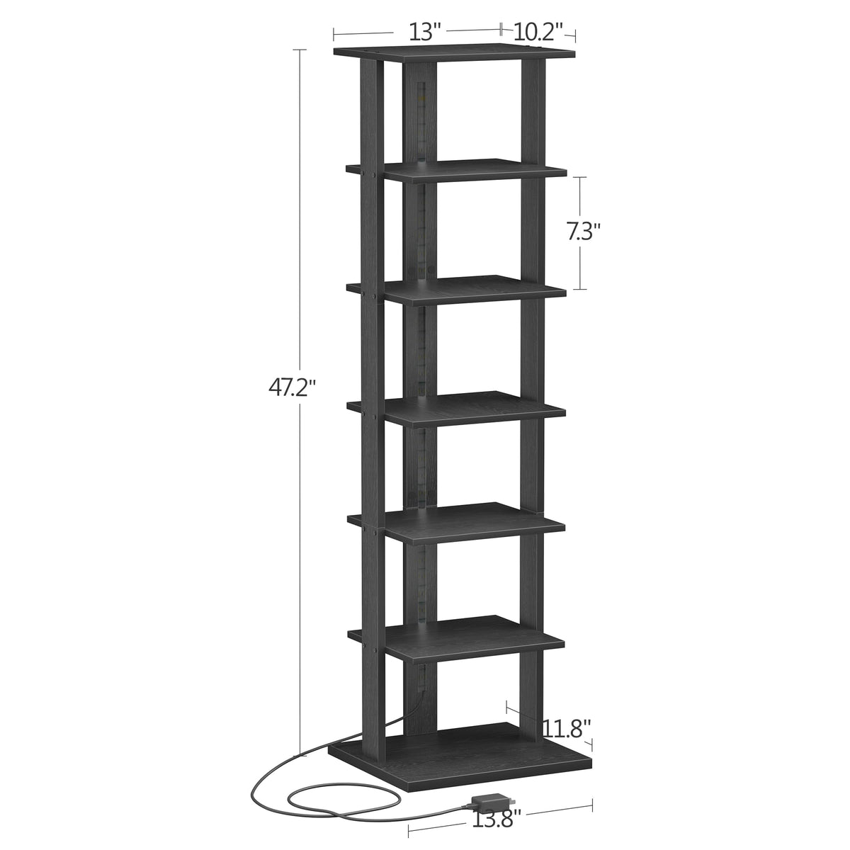 Black 7-Tier Narrow Bookshelf with LED Lights E49739