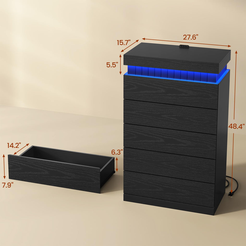 Black 6 Drawer Wood Dresser with LED Light and Power Outlet Z18009