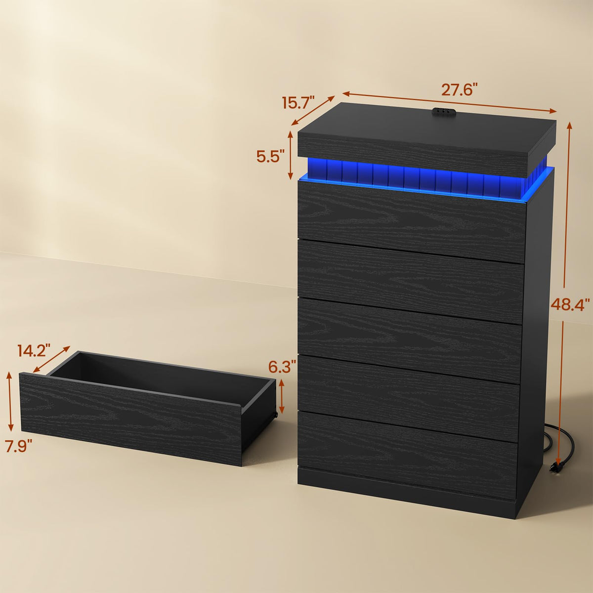 Black 6 Drawer Wood Dresser with LED Light and Power Outlet Z18009