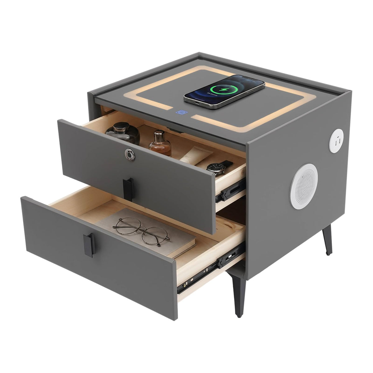 Smart Nightstand with Fingerprint Lock, Wireless Charging & 2-Drawer L532