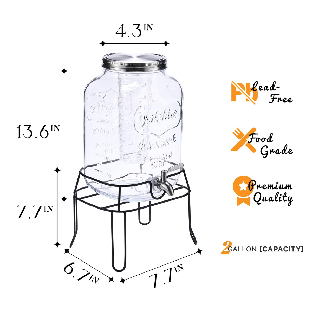 2 Gallon Glass Drink Dispenser with Stand F109