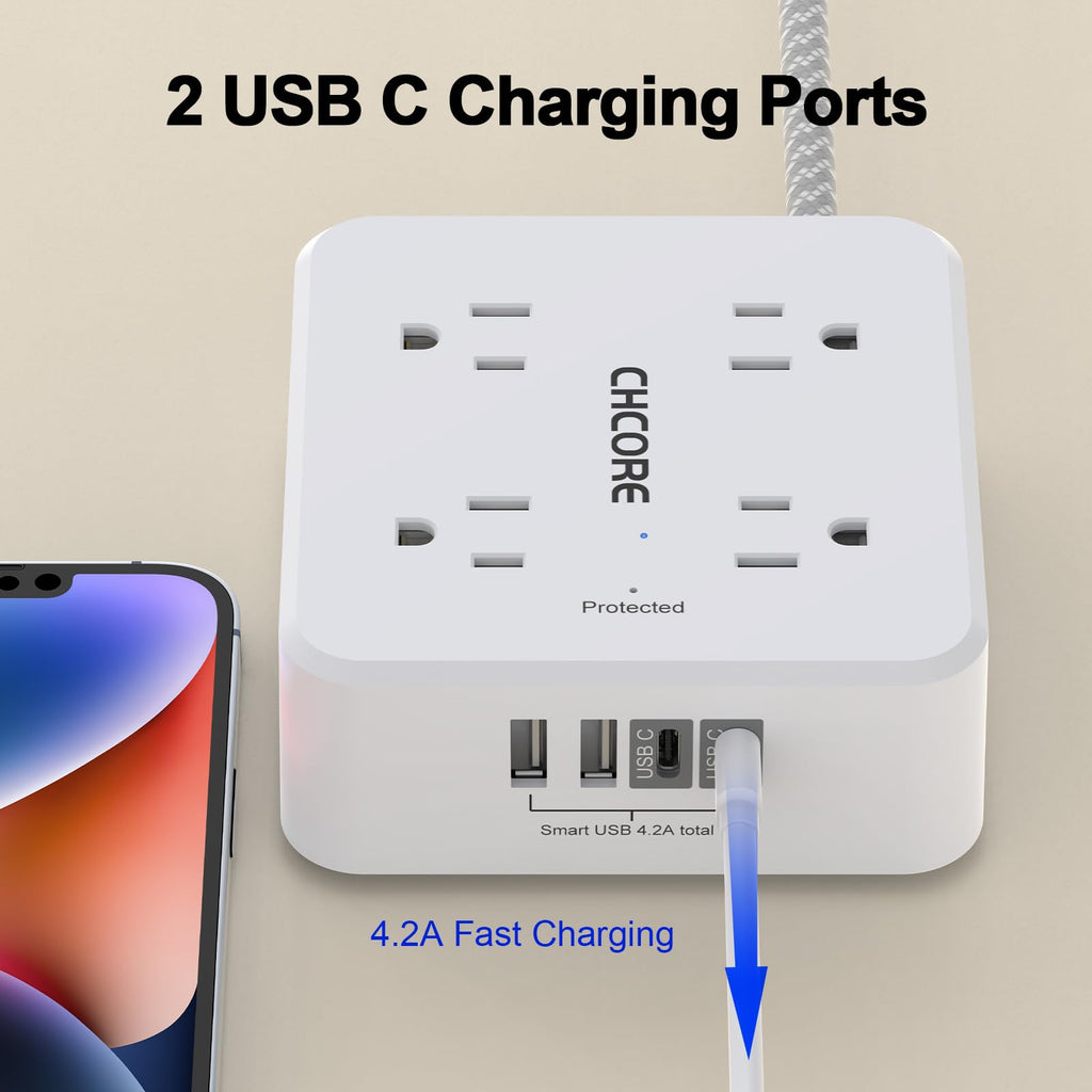 5Ft Braided Extension Cord Power Strip with 8 Outlets and 4 USB Ports, White L349241