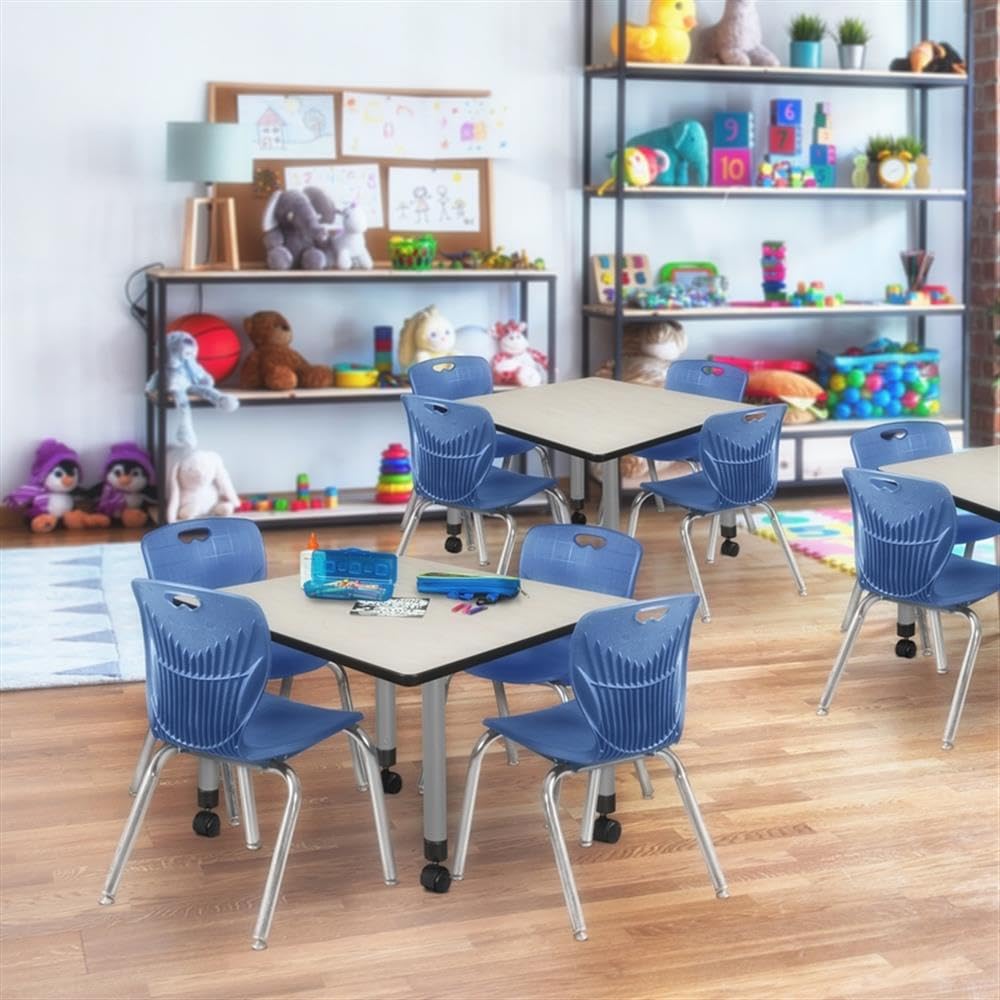30" Square Mobile Table with 4 Blue Stackable Chairs P409101