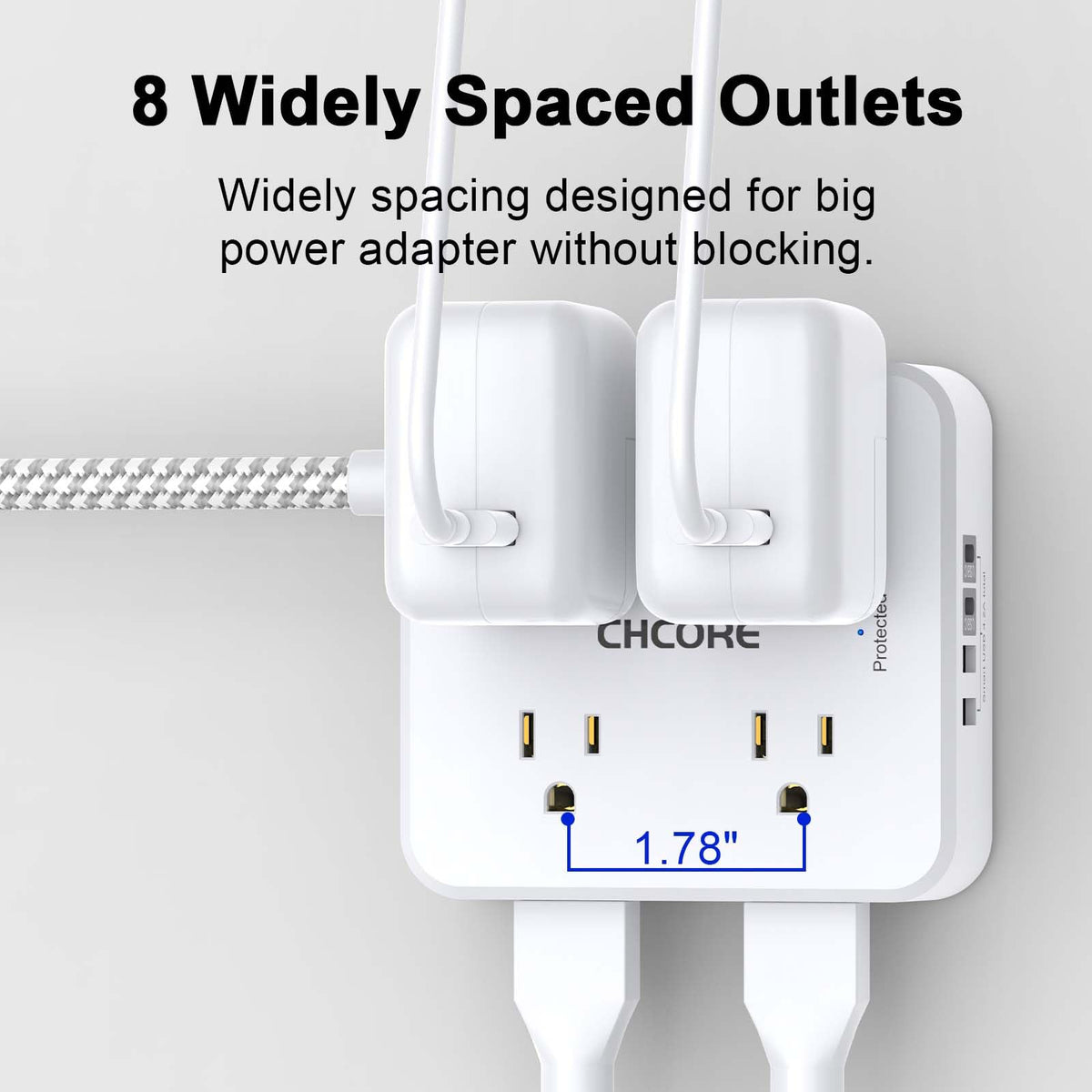 5Ft Braided Extension Cord Power Strip with 8 Outlets and 4 USB Ports, White L349241