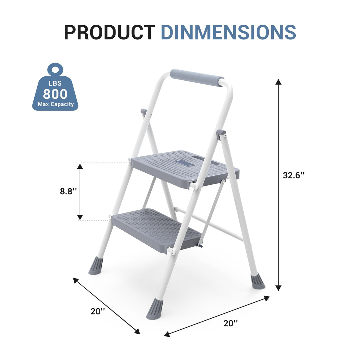 2 Step Ladder with Anti-Slip Pedal and Handrail, 800lbs, Grey V1418