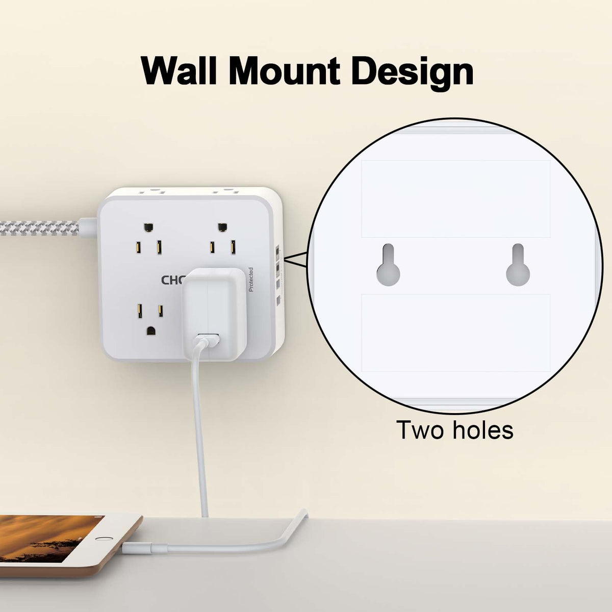 5Ft Braided Extension Cord Power Strip with 8 Outlets and 4 USB Ports, White L349241