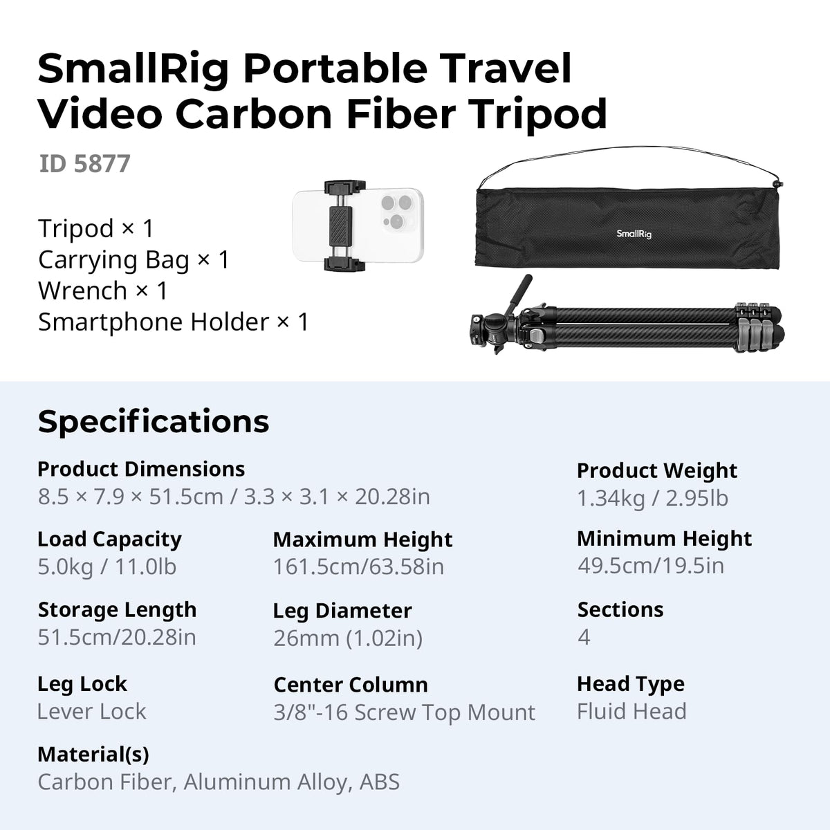 Carbon Fiber Compact Travel Tripod with Fluid Head N952