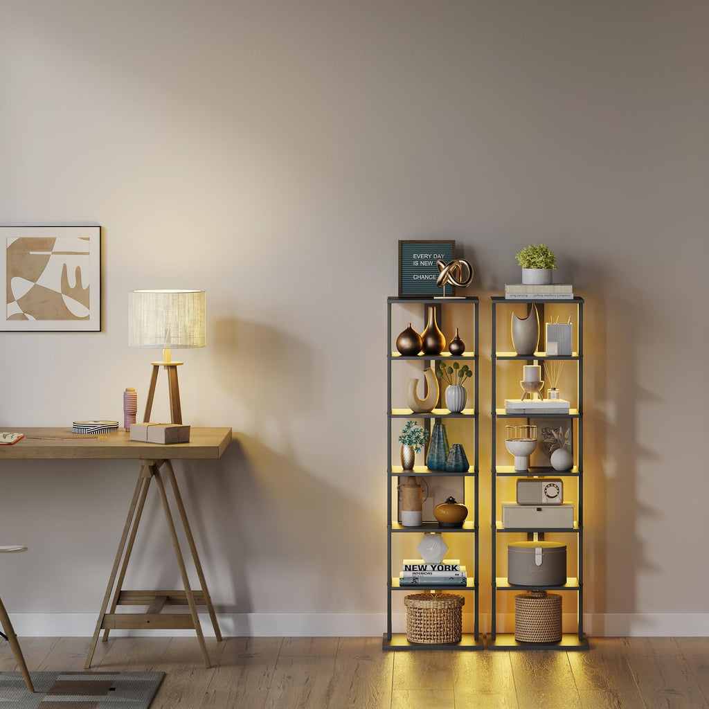 Black 7-Tier Narrow Bookshelf with LED Lights E49739