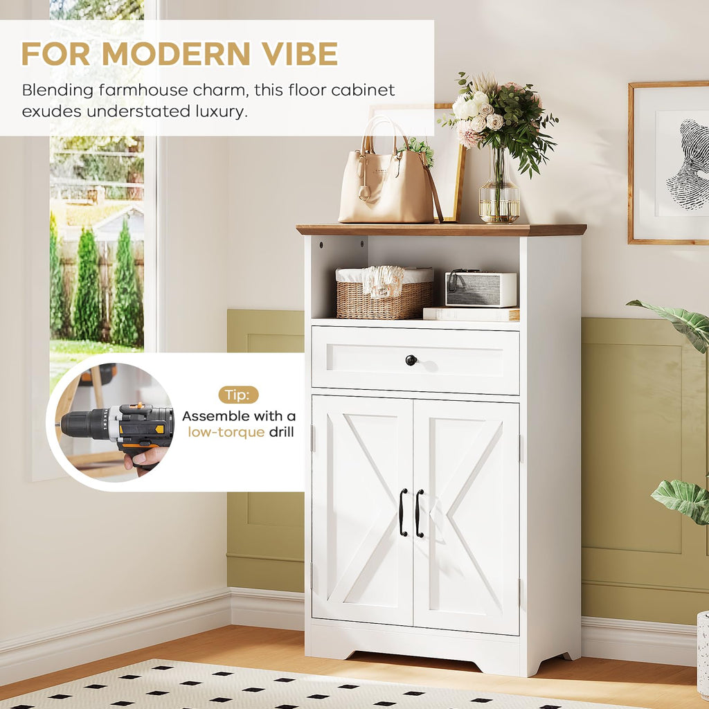 White Storage Cabinet with Barn Doors and Drawers H83197