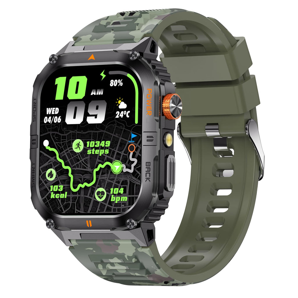 Military Smart Watch with Bluetooth Calling, Heart Rate Monitor, Sleep Tracking, Camouflage Green F884395