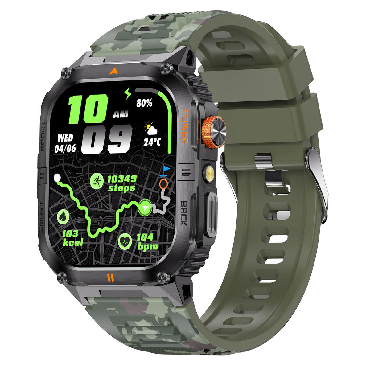 Military Smart Watch with Bluetooth Calling, Heart Rate Monitor, Sleep Tracking, Camouflage Green F884395
