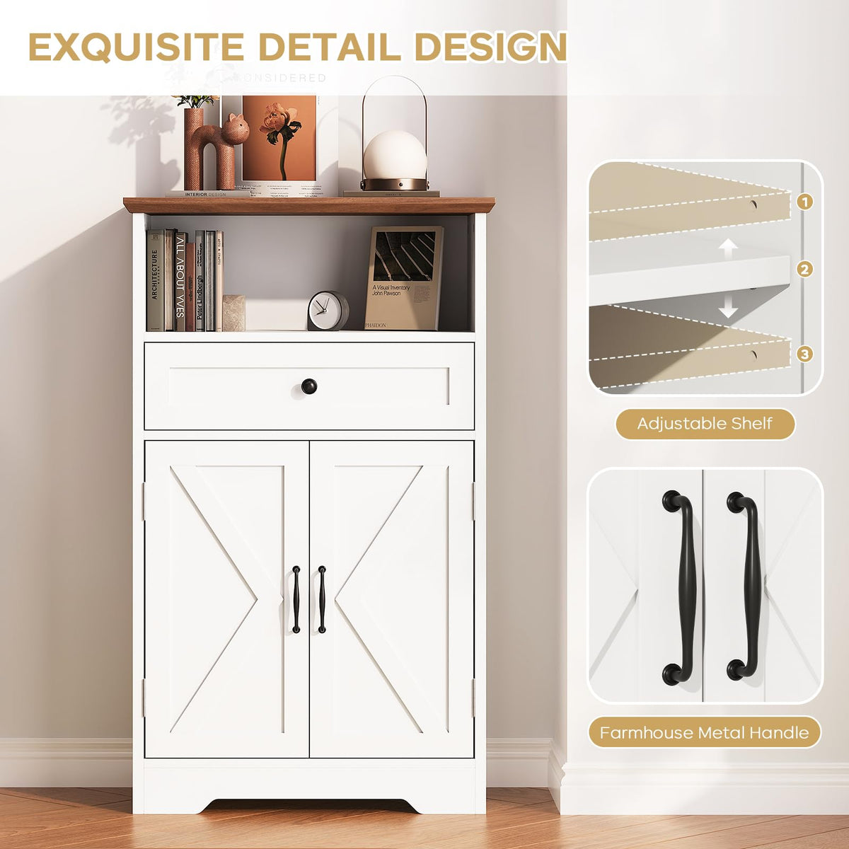 White Storage Cabinet with Barn Doors and Drawers H83197
