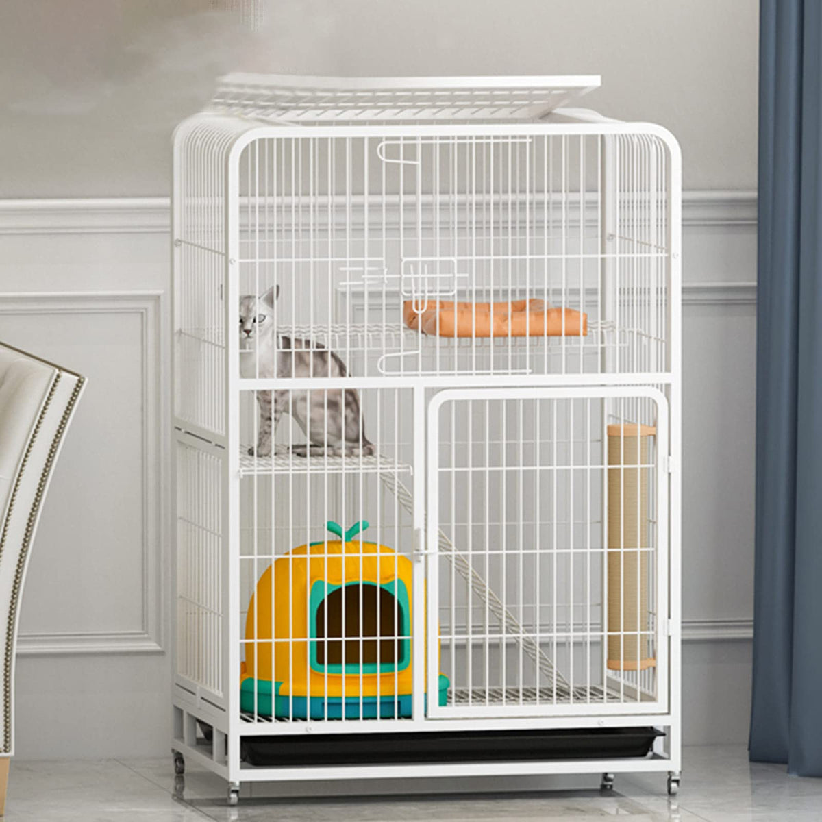 3-Tier Metal Wire Cat Cage with Hammock and Casters Q786219