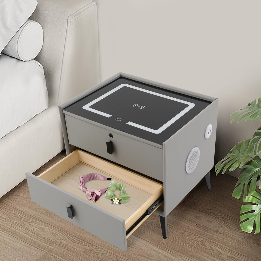 Light Grey Smart Nightstand with Wireless Charging Y6753