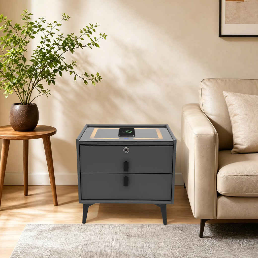 Smart Nightstand with Fingerprint Lock, Wireless Charging & 2-Drawer L532