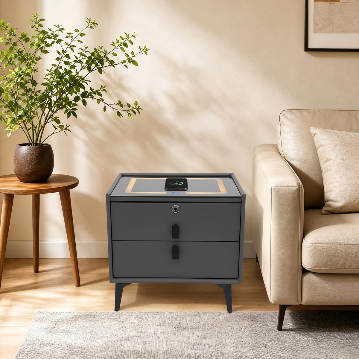Smart Nightstand with Fingerprint Lock, Wireless Charging & 2-Drawer L532