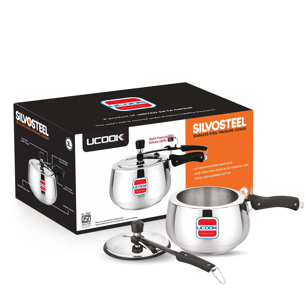 Stainless Steel Induction Pressure Cooker, 3 Litre, Silver U38896