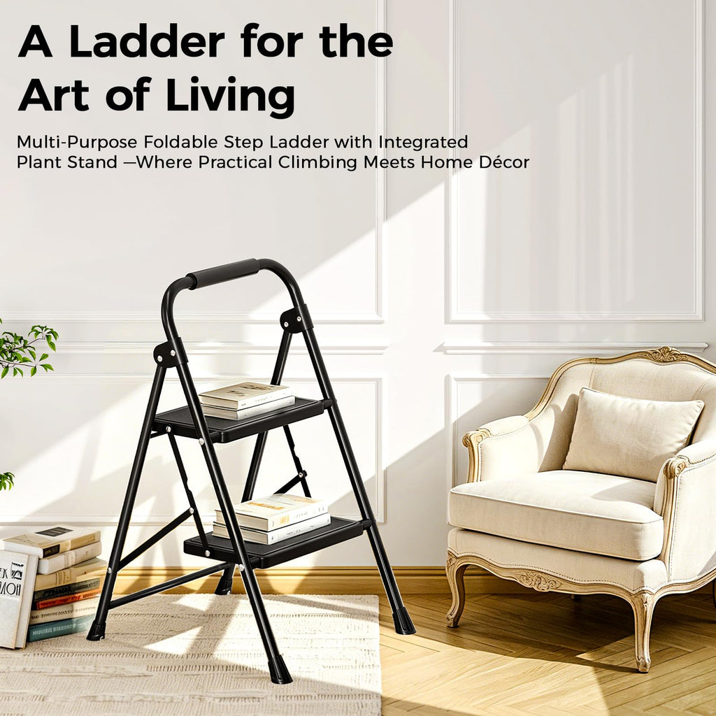2 Step Folding Step Stool with Handrail Black S1013