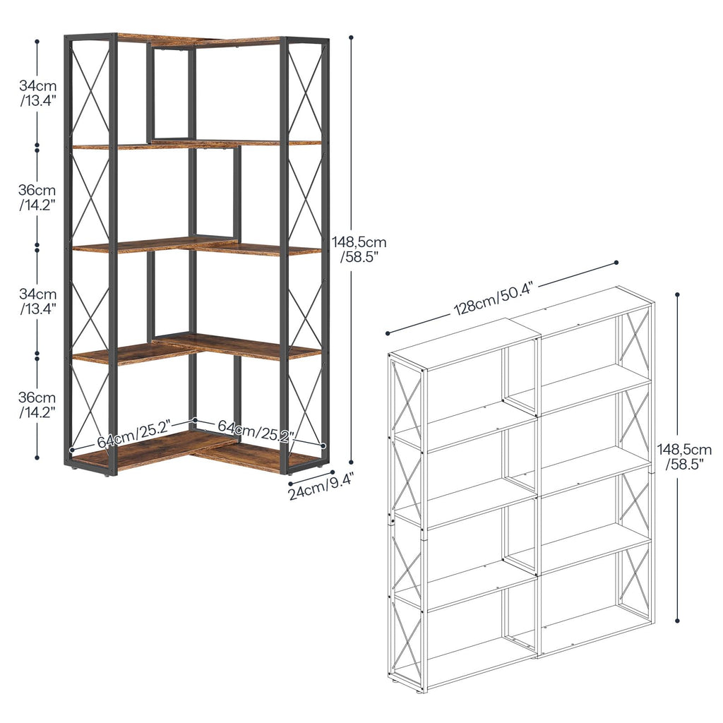 5-Tier Rustic Brown and Black Corner Bookshelf D190604