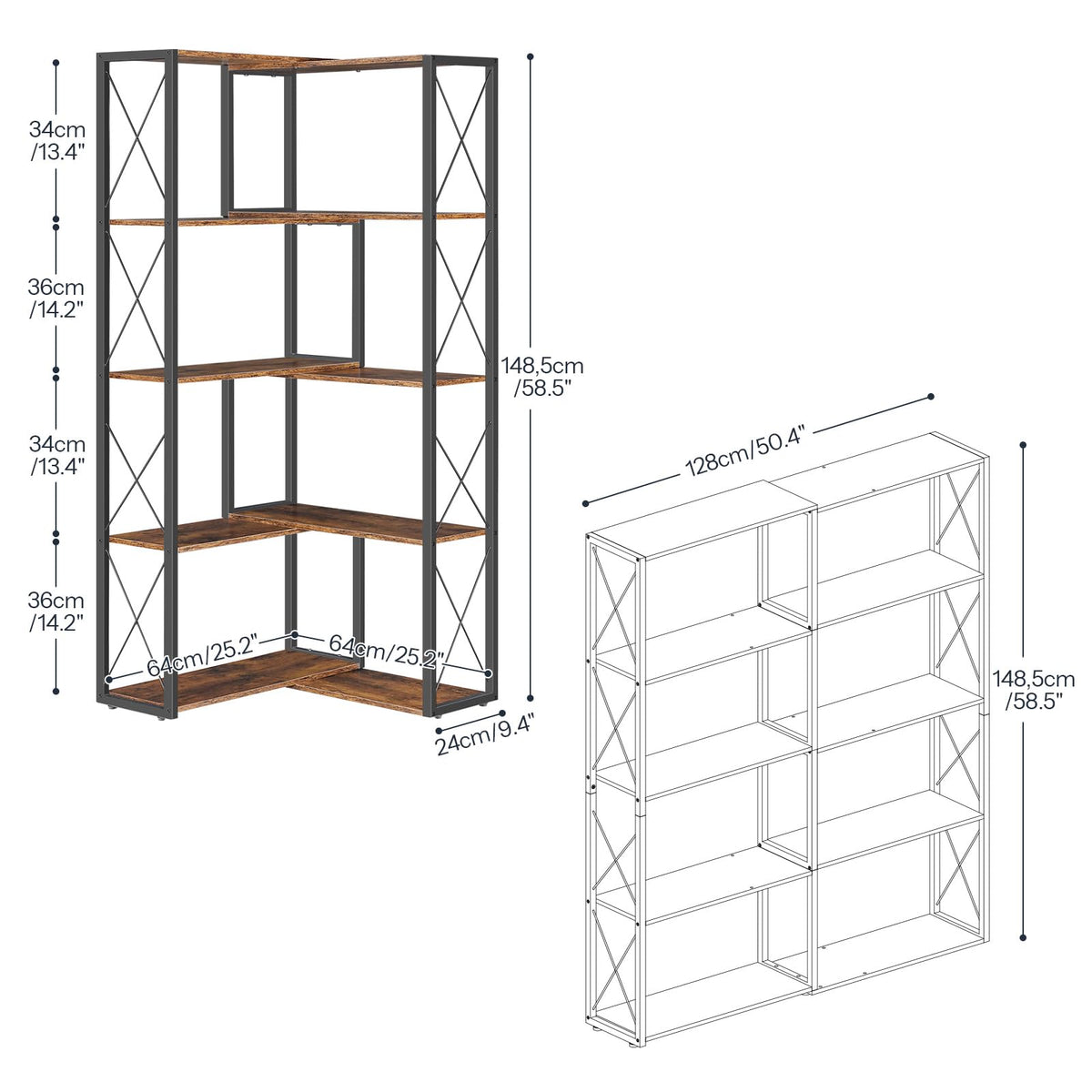 5-Tier Rustic Brown and Black Corner Bookshelf D190604