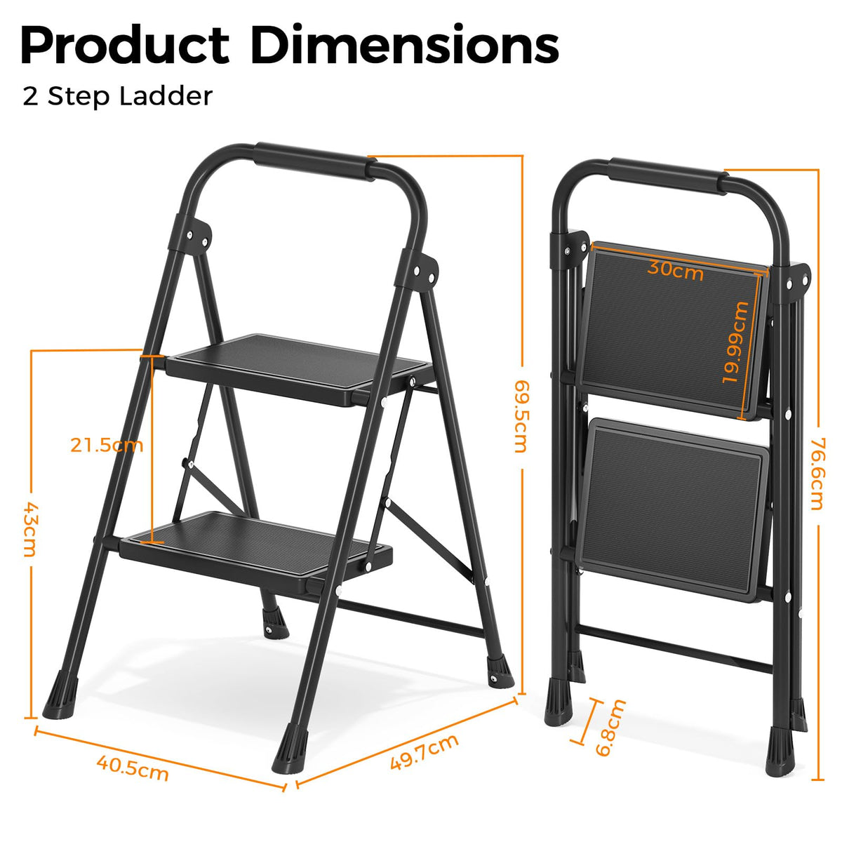 2 Step Folding Step Stool with Handrail Black S1013