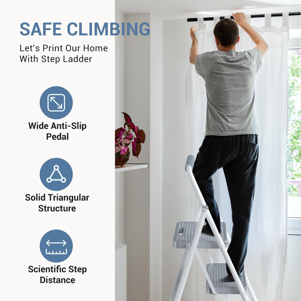 2 Step Ladder with Anti-Slip Pedal and Handrail, 800lbs, Grey V1418