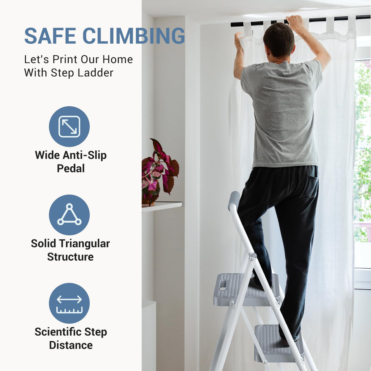 2 Step Ladder with Anti-Slip Pedal and Handrail, 800lbs, Grey V1418