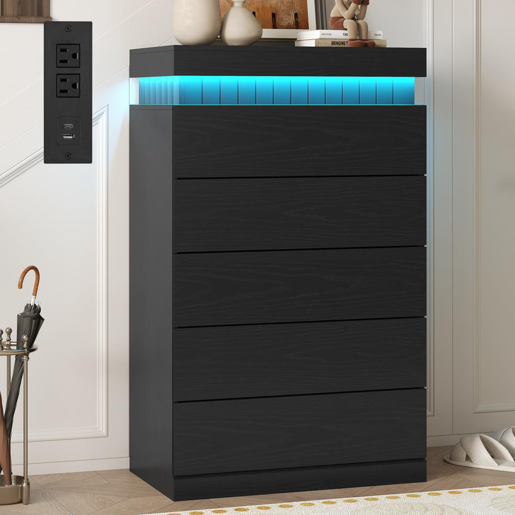 Black 6 Drawer Wood Dresser with LED Light and Power Outlet Z18009
