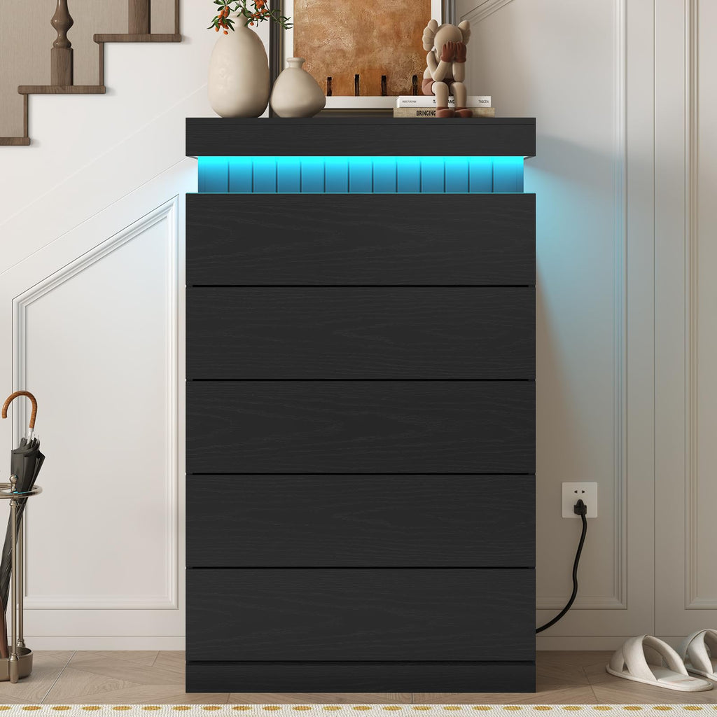 Black 6 Drawer Wood Dresser with LED Light and Power Outlet Z18009