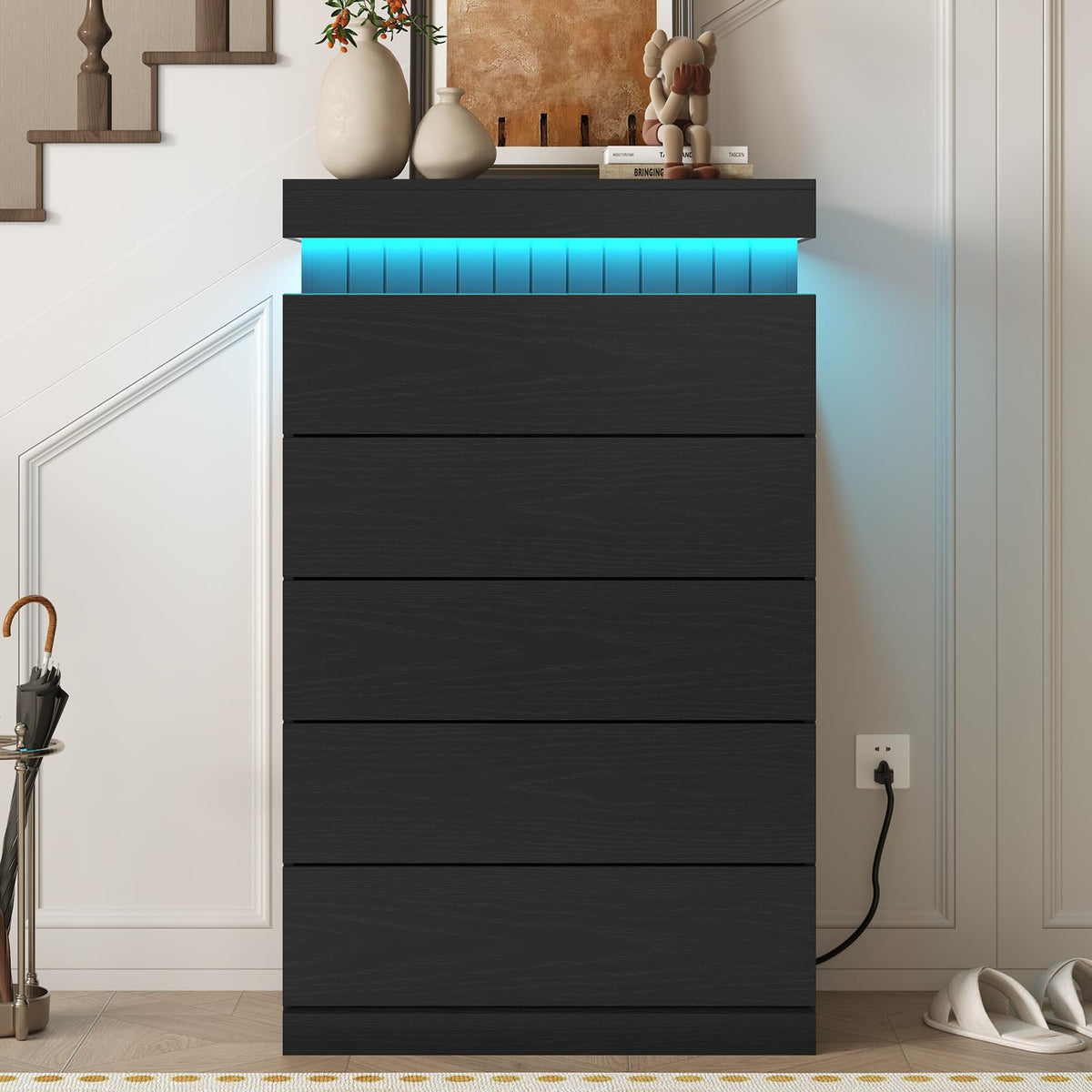 Black 6 Drawer Wood Dresser with LED Light and Power Outlet Z18009