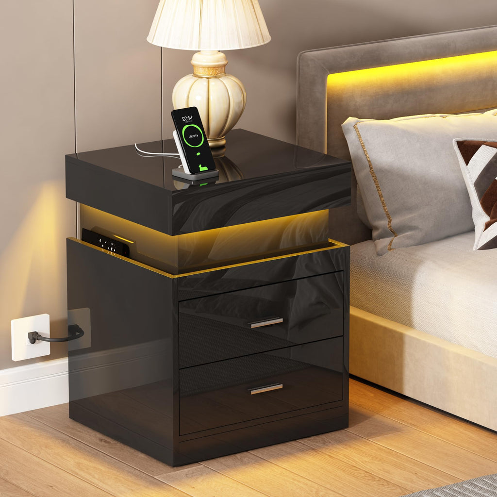 LED Nightstand with Charging Station and Sliding Storage N802