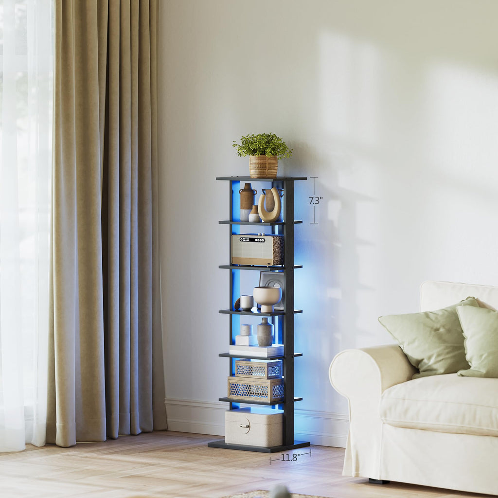 Black 7-Tier Narrow Bookshelf with LED Lights E49739
