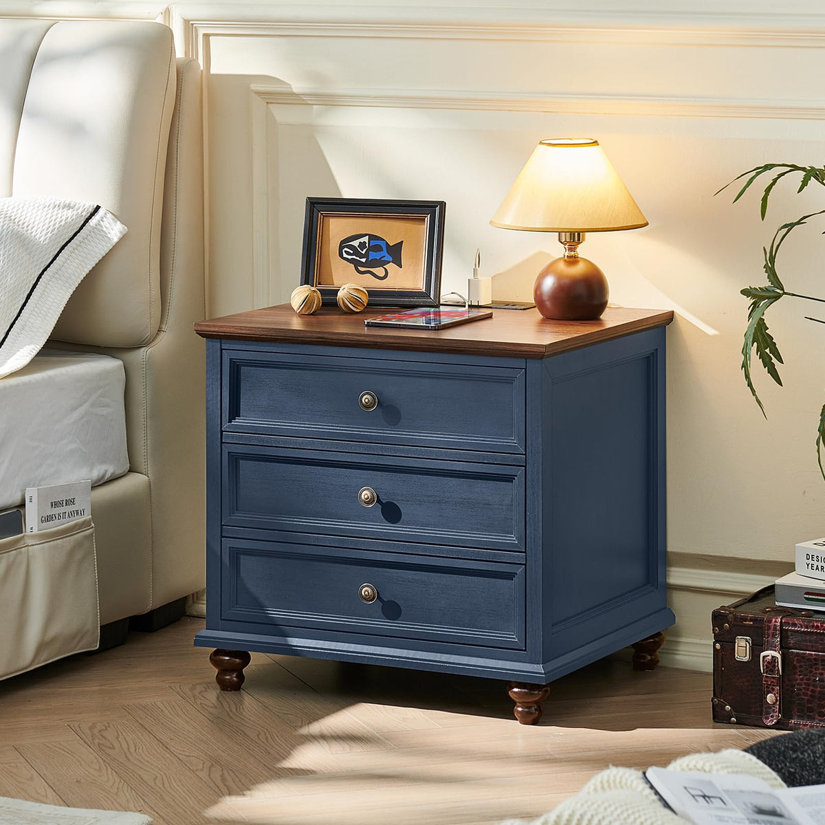 Blue Wood Nightstand Set of 2 with Charging Station Q510596