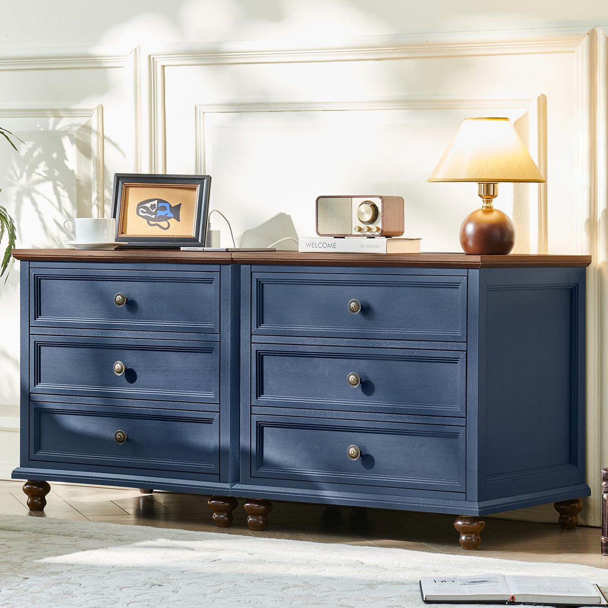 Blue Wood Nightstand Set of 2 with Charging Station Q510596