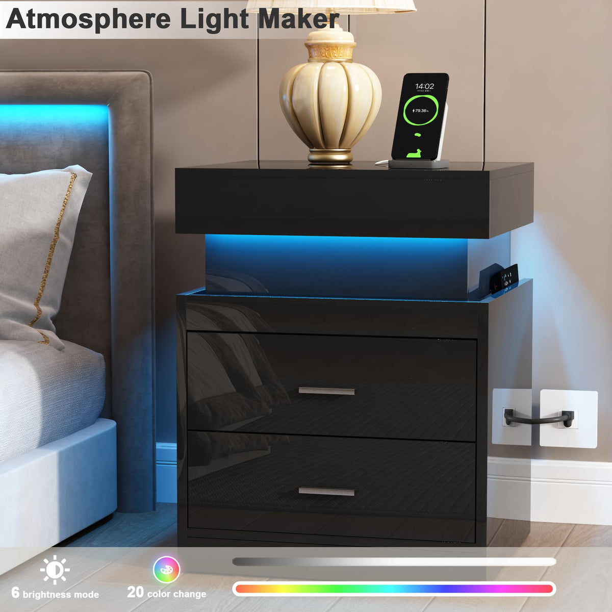 LED Nightstand with Charging Station and Sliding Storage N802