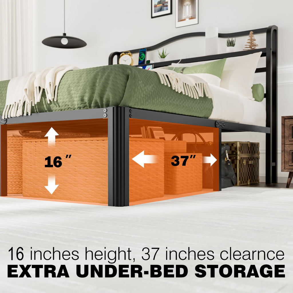 Queen 18 Inch Metal Platform Bed Frame with Headboard and Charging Station C676