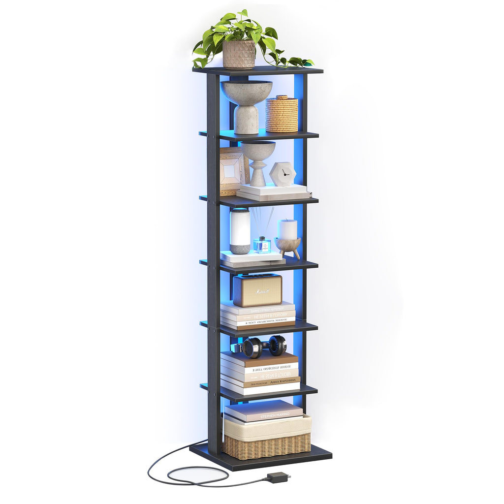 Black 7-Tier Narrow Bookshelf with LED Lights E49739
