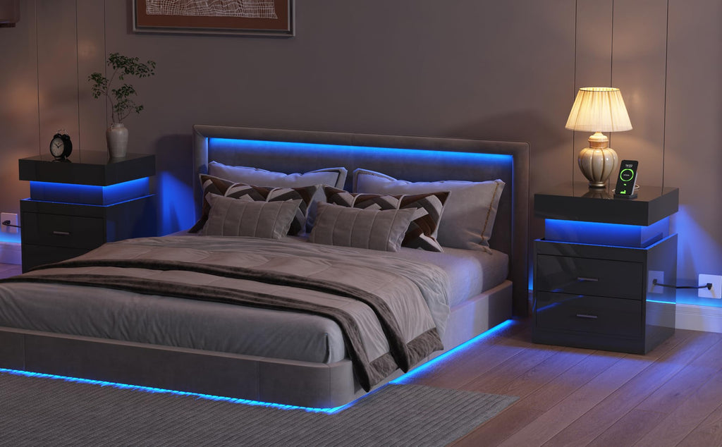 LED Nightstand with Charging Station and Sliding Storage N802