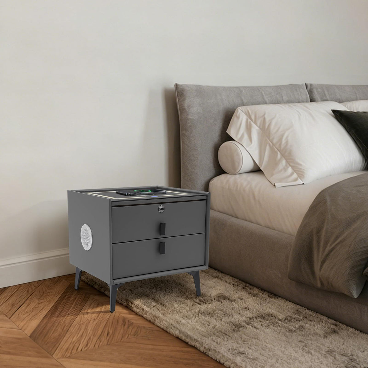 Smart Nightstand with Fingerprint Lock, Wireless Charging & 2-Drawer L532