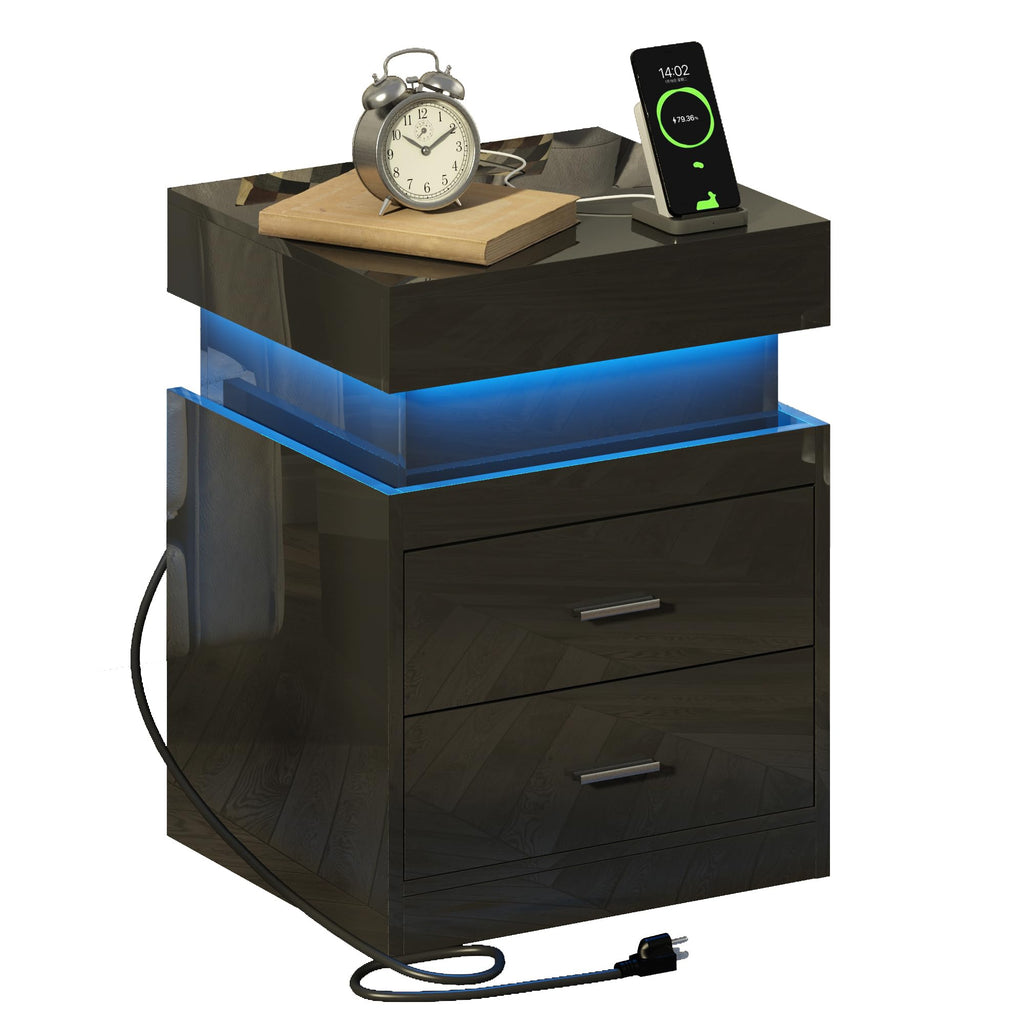 LED Nightstand with Charging Station and Sliding Storage N802