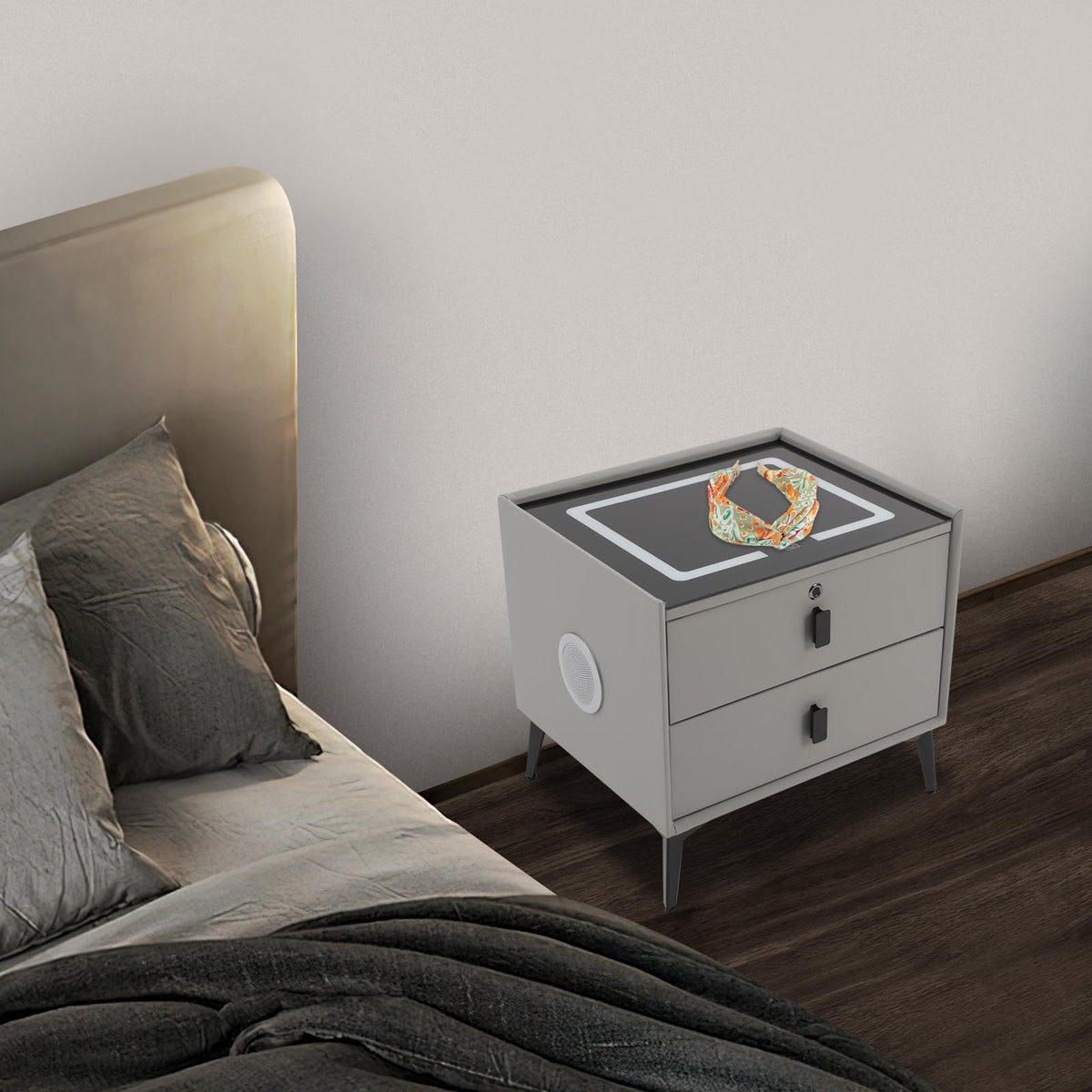 Light Grey Smart Nightstand with Wireless Charging Y6753
