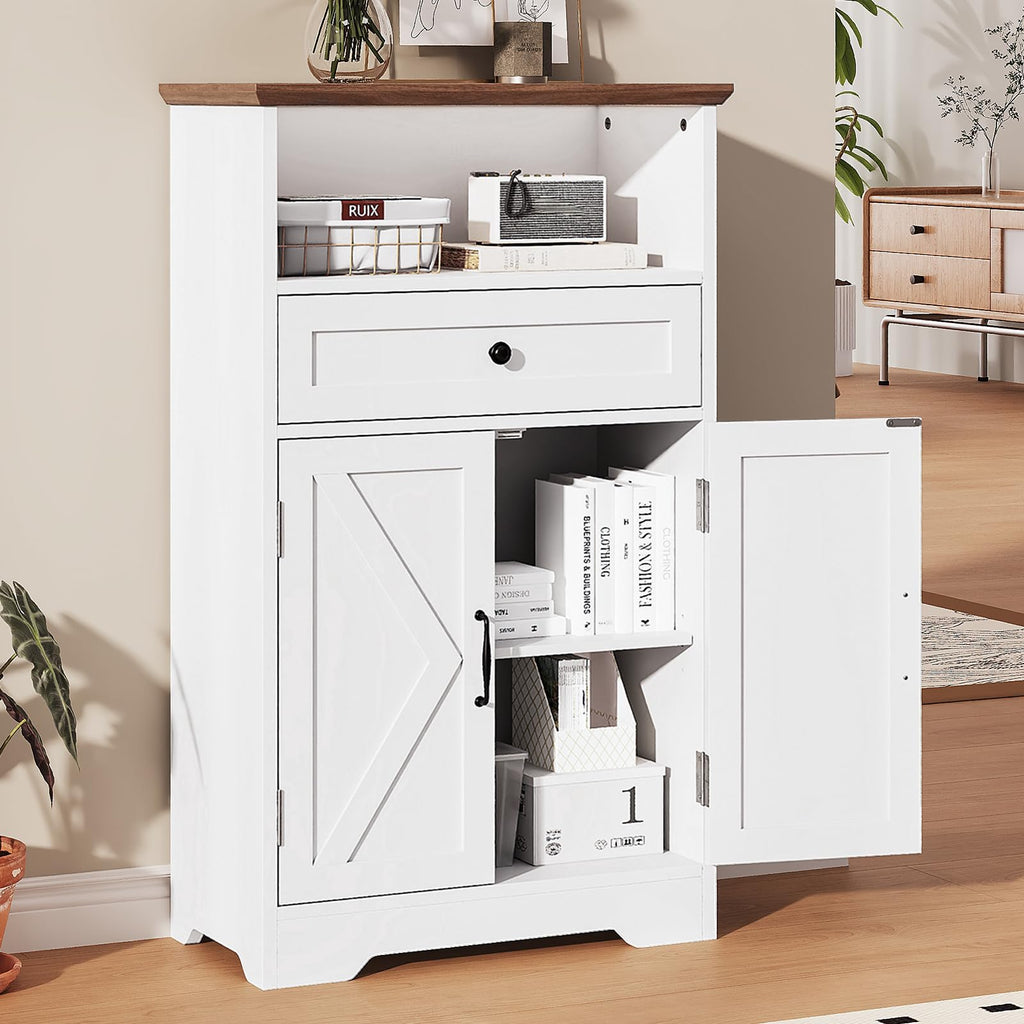 White Storage Cabinet with Barn Doors and Drawers H83197