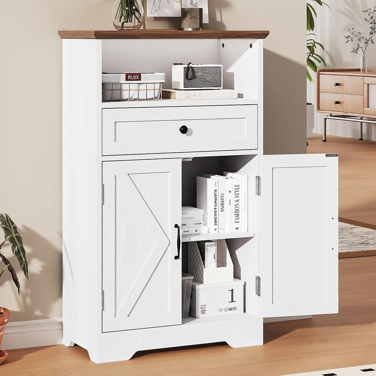 White Storage Cabinet with Barn Doors and Drawers H83197