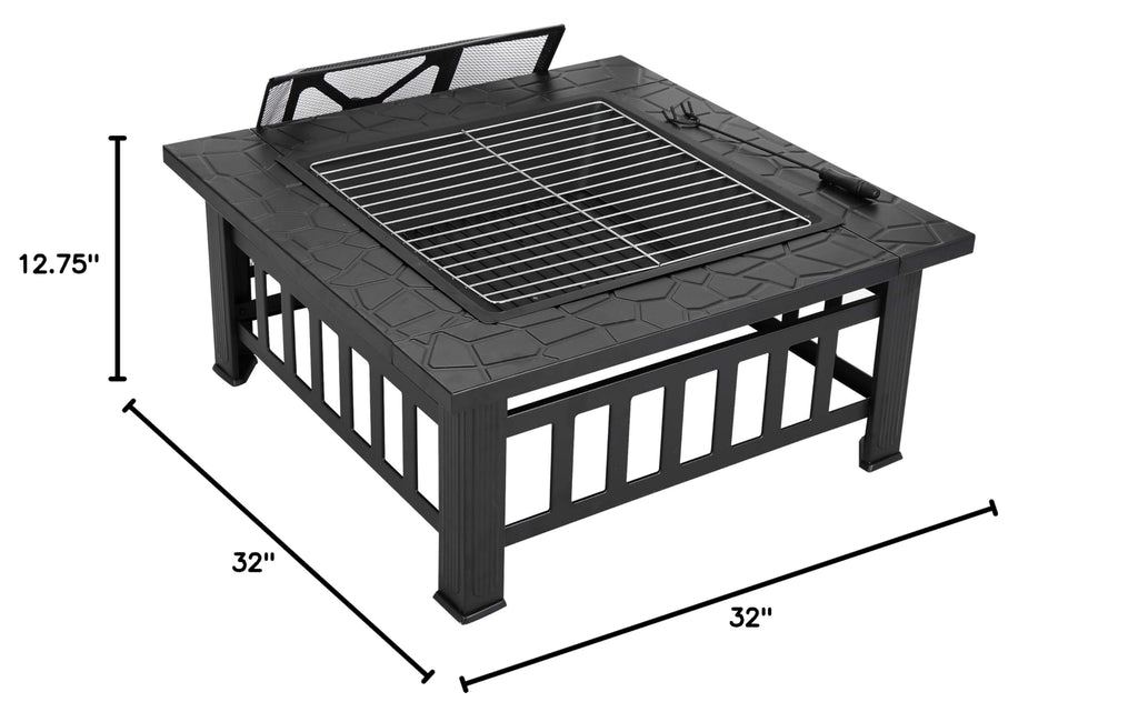 32 Inch Square Metal Outdoor Fire Pit with Spark Screen Lid and Waterproof Cover Y9768
